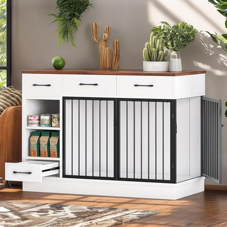 47.2" Dog Crate Furniture with Storage Drawers & Hidden Bowl, Wooden Indoor Kennel with Shelf & 2 Doors, Pet Cage for Small/Medium Dogs LotaTools