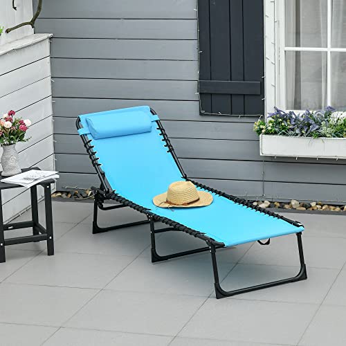 Outsunny Folding Chaise Lounge Chair, Patio Sun Tanning Chair, Outdoor Chaise Lounger with 4-Position Reclining Back, Breathable Mesh Seat for Beach, Poolside, Yard, Blue