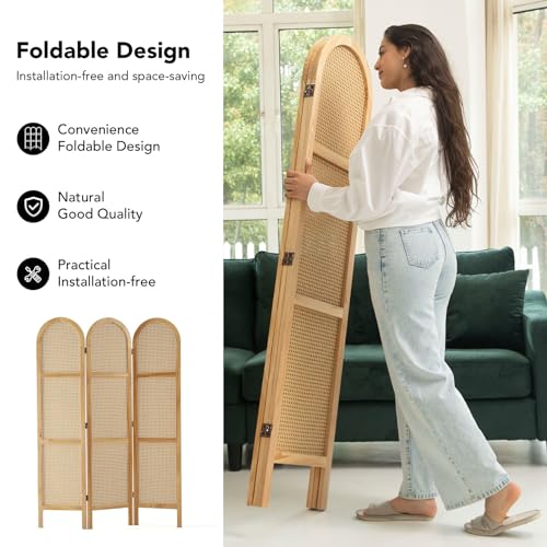 Svimi Room Dividers and Folding Privacy Screens, Pine Wood 5.6 Ft Double Hinged Rattan Partition Freestanding Wall Room Divider for Home - 3 Panels (Natural) Svimi