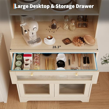 MilleLoom 62" Pantry Cabinet with Storage Drawers, Farmhouse Kitchen Hutch Bar Cabinet with 3-Tier Open Shelf & Microwave Stand, Kitchen Cupboard with Glass Door for Dining/Living Room, Wood MilleLoom