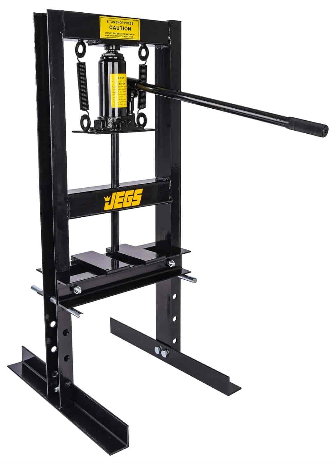 JEGS 6 Ton Hydraulic Shop Press - Lever-Action, Bench Top Hydraulic Press - Up to 18-Inch Working Range - Includes 2 Press Plates - Back Steel with JEGS Logo JEGS