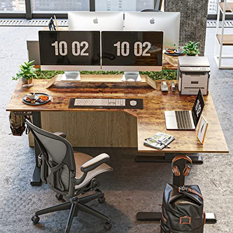 FEZIBO Triple Motor 63" L Shaped Standing Desk, Electric Standing Gaming Desk Adjustable Height, Corner Stand up Desk with Splice Board, Black Frame/Rustic Brown Top FEZIBO