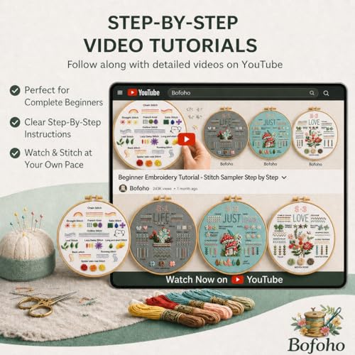 Bofoho 4 Pack Starter Embroidery Kit for Beginners – All-in-One Stitch Practice Kit with Simple Patterns, Learn 34 Embroidery Stitches with Step-by-Step Guide & Video, Craft Gift Adults & Teens
