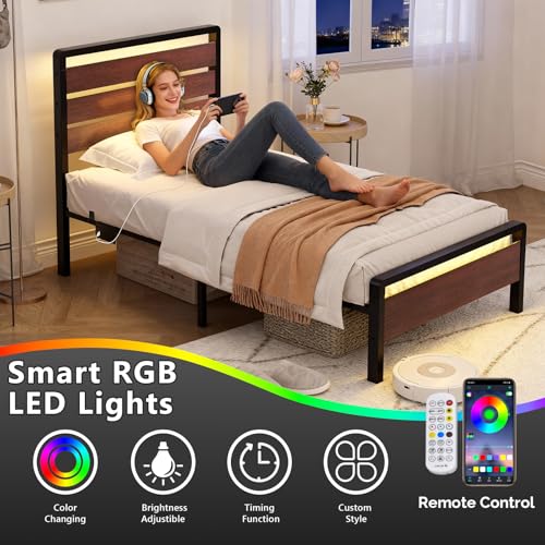 VINGLI Kids Twin Bed Frame with LED Headboard & Footboard, USB Charging Station, Metal Single Platform with 12-Inch Under Bed Storage Space for Dorm Bedroom Teen Guest Room, Mahogany Brown VINGLI