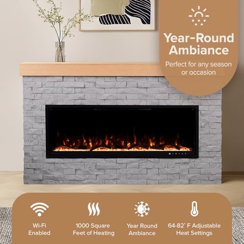 Modern Ember Wyman Linear Grey Stone Mantel Package with 50" Smart Electric Fireplace Heater Insert | Alexa/WiFi Enabled | Multi-Flame Colors & Brightness Modern Ember