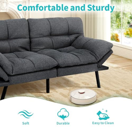 MUUEGM 71" Futon Sofa Bed with Memory Foam,Futon Couch with Adjust Backrest and Armrest, Couches Bed for Living Room,Studios, Apartments, Dormitories, Offices and Game Rooms. Dark Gray Sofa Bed MUUEGM