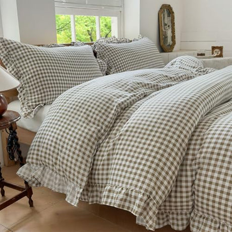 NSNLGSGC Tan Gingham Ruffle Duvet Cover Queen Size, 3 Pieces Taupe Soft Pre-Washed Microfiber Checked Plaid Comforter Cover Set, Vintage Farmhouse Bedding Set(Tan Gingham, Queen 90"x90") NSNLGSGC