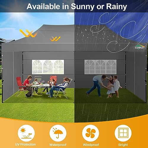 COBIZI 10x20 Pop up Canopy Tent 10x20 Canopy with 6 Sidewalls Waterproof Heavy Duty Commercial Tent for Parties Outdoor Garden Gazebo, Carry Bag with Wheel(10x20ft, Gray) COBIZI