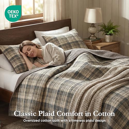 Woolrich Reversible Quilt Cabin Lifestyle Design - All Season, Breathable Coverlet Bedspread Bedding Set, Matching Shams, Oversized Full/Queen, Tasha Plaid Tan/Brown 3 Piece Woolrich John Rich & Bros.