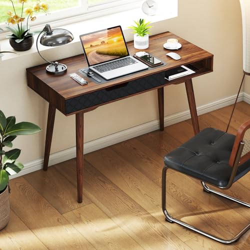 Tangkula Mid-Century Modern Computer Desk, Home Office Desk w/Drawer & Open Compartment, Laptop PC Desk w/Rubber Wood Legs, Makeup Vanity Table, Vintage Writing Desk Workstation for Study, Bedroom Tangkula