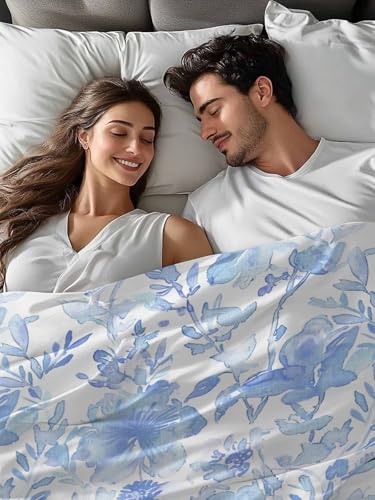 King Size Flat Bed Sheet,Blue Botanical Microfiber Brushed Single Flat Sheet Only,Retro Ink Floral Flower Modern Minimalist Soft & Breathable Top Sheet Lightweight Quilt Hotel Luxury Bedding ZOE GARDEN