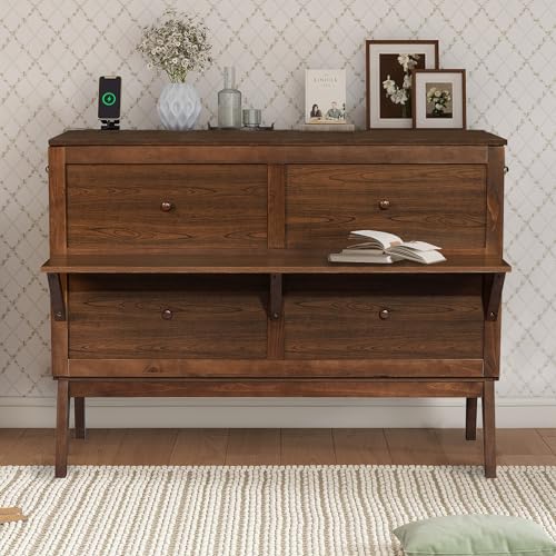 KALALLA Queen Size Murphy Cabinet Bed with Desk Combo and 2 Removable Shelves, USB Charging Station, Murphy Chest Dresser Foldable Bed, Space Saving for Small Space - Walnut KALALLA