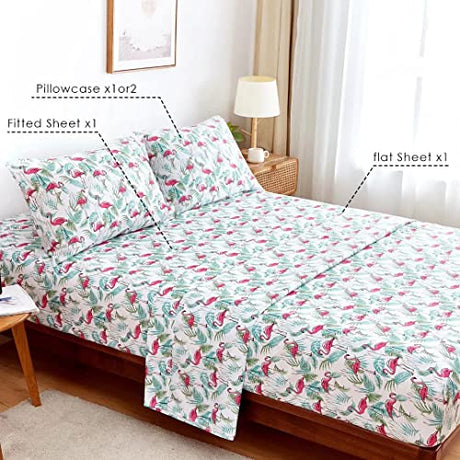 Twin Bed Sheets Set 3PC - Soft Cooling 1800 Thread Count Microfiber Flamingo Plants Boho Printed Sheet, 8 - 17 Inch Deep Pocket Hypoallergenic, Wrinkle Free, Machine Washable Patterned Single Bedding KACEMOO