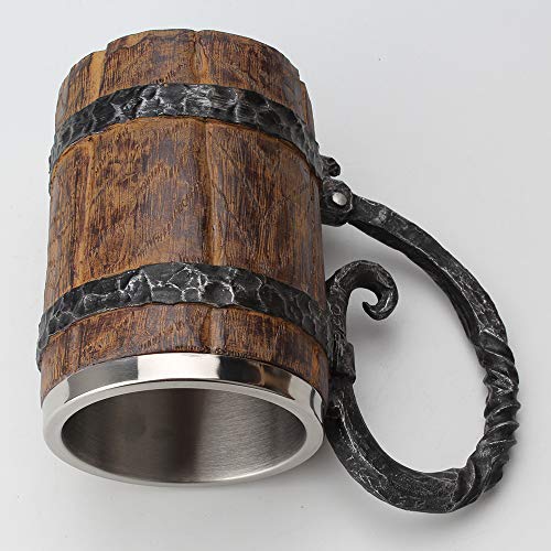 550ML Viking Beer Mug, Stainless, Whiskey Barrel Cup ,Viking wood style Beer mug ,Wooden Gift Antique Men's Barrel Capacity - WoodArtSupply