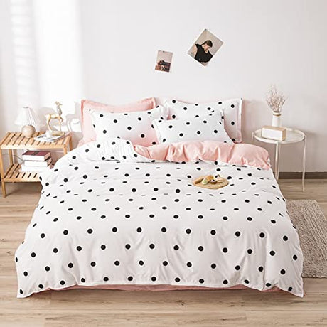 Polka Dots Duvet Cover Cute Kawaii Polka Dots Bedding Set Black and White Comforter Cover for Boys Girls Children Teens Bedroom Decor Minimalist Style Bedspread Cover Full Size With 2 Pillow Case Feelyou