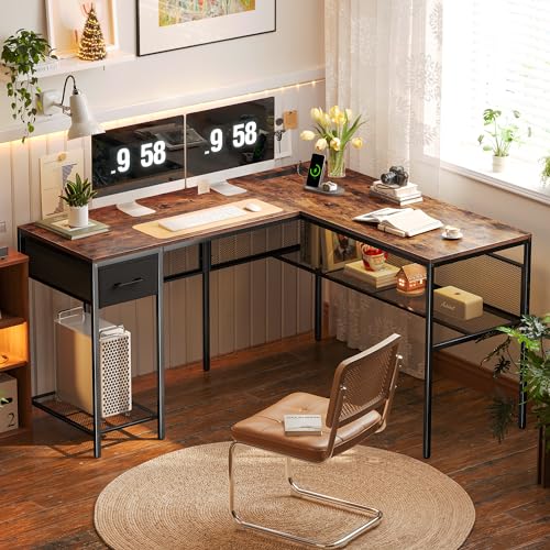 L-Shaped Rustic Brown Desk with Power Outlets and Storage Solutions - WoodArtSupply