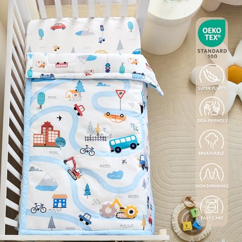 NacoMoco 3-Piece Crib Bedding Set for Boys Girls - Ultra Soft & Skin Friendly Baby Bedding Set Includes Crib Comforter, Sheet & Crib Skirt(Vehicle) NacoMoco