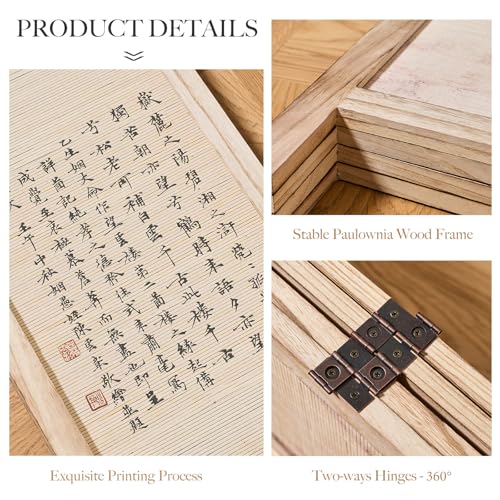 Svimi Asian Style Room Divider - 4 Panel Plum Blossom/Mountain/Calligraphy Design with Wood Frame, Freestanding Partition Screen (67″H x 64″W) (Nature, Calligraphy) Svimi