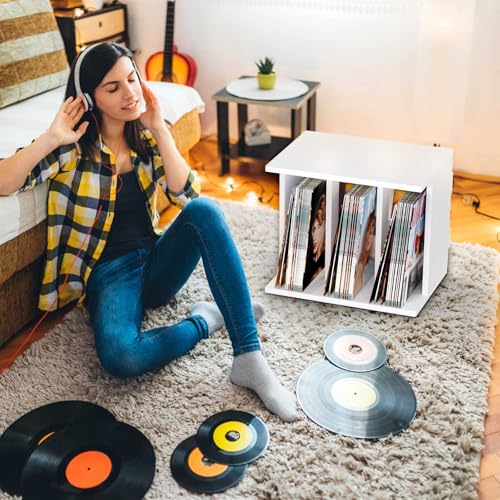 Emfogo Record Player Stand with Vinyl Record Storage, Turntable Stand Wall Mount Up to 80-100 Albums, 3-Compartment Vinyl Record Holder, White Emfogo