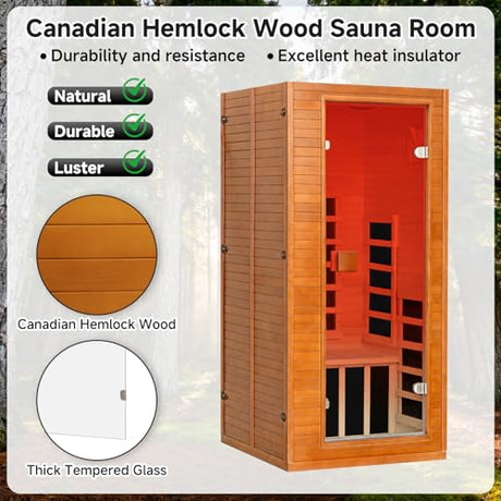 springspa Infrared Sauna for Home, 1 Person Home Sauna with Red Light Therapy, Canadian Hemlock Wooden Dry Saunas Room with Bluetooth Speakers, 1178 W/120V, 15 Minutes Pre-Warm up springspa