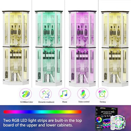 PAKASEPT 71'' Farmhouse Display Curio Cabinet with LED Lights,Tempered Glass Doors,6 Shelves,Floor Standing Display Cage Corner Wine Cabinet Storage Rack for Bar and Liquor Storage,White PAKASEPT