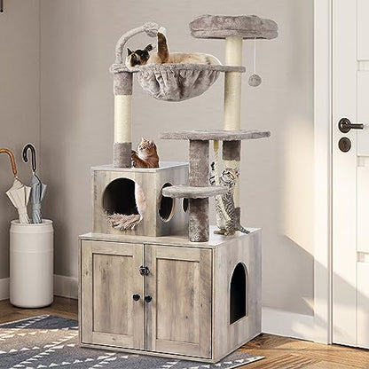 Timberer Cat Tree with Litter Box Enclosure, 2-in-1 Cat Tower for Indoor Cats, Large Cat Furniture, Wood Cat Condo with Basket, Scratching Posts, Pompoms, Grey - WoodArtSupply