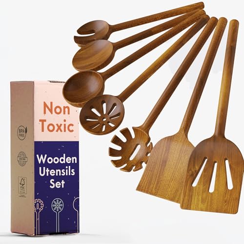 Ziruma 7-Piece Wooden Spoons for Cooking, Non Toxic Cooking Utensils Glue & Formaldehyde-Free, Comfort-Grip Acacia Wood Utensils, Non Scratch Wooden Utensil Set - Wooden Cooking Utensils