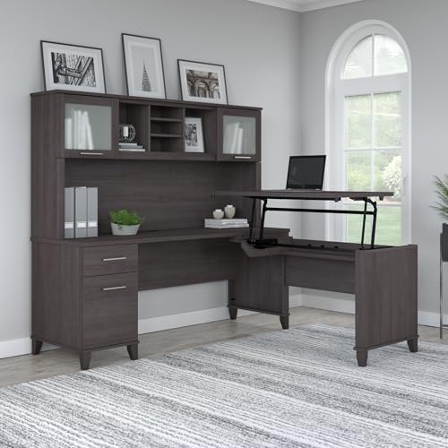 Bush Home Somerset 72W 3 Position Sit to Stand L Shaped Desk with Hutch in Storm Gray | Adjustable Height Table for Home Office Bush Home