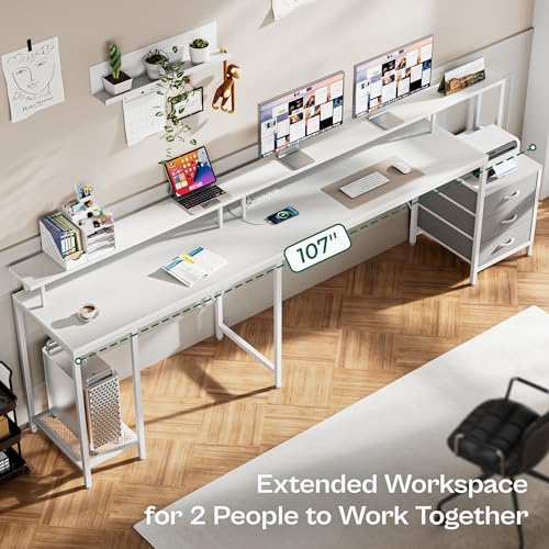 Huuger L Shaped Gaming Desk with LED Lights and Power Outlets, Computer Desk with 3 Drawers, 66.1 Inches Corner Desk, Home Office Desk with Printer and Monitor Stand, Large Storage Space, Whi - WoodArtSupply