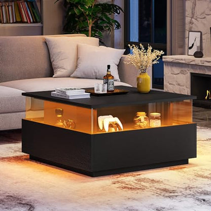 YITAHOME Coffee Table, Coffee Tables for Living Room with Storage, Square Coffee Table with 2 Sliding Drawers, Modern Coffee Table with LED Light, Acrylic Wood Center Table, Black - WoodArtSupply