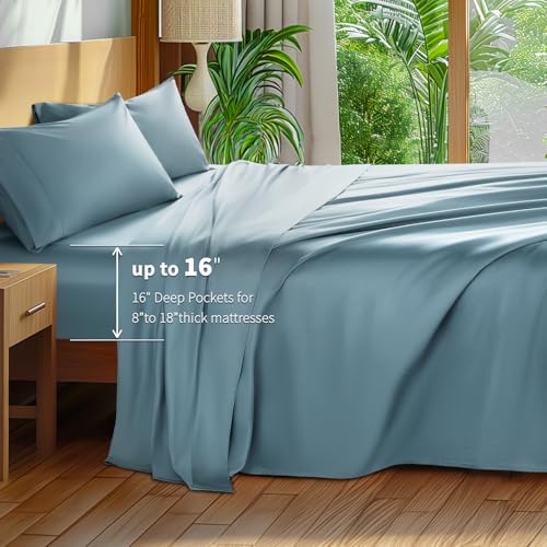 Shilucheng 100% Cotton King Size Sheets Set - 600 Thread Count，Luxury Egyptian Cotton Bed Sheets，5-Star Hotel Quality Sheets, Breathable & Cooling, 16 Inch Deep Pocket - 4 Piece (French Blue, King) Shilucheng