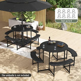 Giantex Picnic Table Bench Set for 4-8 Person, Round 37” Outdoor Dining Table w/Umbrella Hole, HDPE Tabletop, Metal Frame, Patio Furniture Set for Backyard Porch Lawn, 1400lb Capacity (Black,Round) Giantex