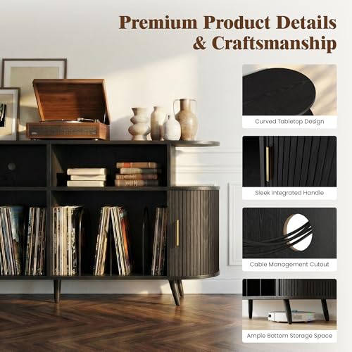 55” Mid Century Record Player Stand, Round Record Storage Cabinet with Charging Station, Turntable Stand Holds up to 300+ Albums, Large Vinyl Record Player Shelf for Media Stereo Audio, Black Quelthar