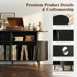 55” Mid Century Record Player Stand, Round Record Storage Cabinet with Charging Station, Turntable Stand Holds up to 300+ Albums, Large Vinyl Record Player Shelf for Media Stereo Audio, Black Quelthar