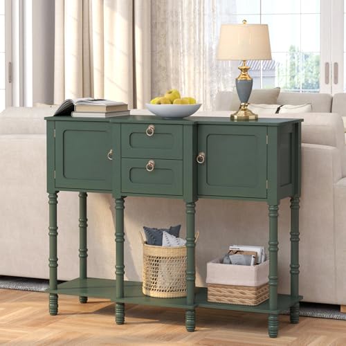 Topbele Green Entryway Table with Storge, Mid-Century Modern Console Table with 2 Drawers, Retro Narrow Long Behind Couch Sofa Table for Living Room, Foyer, Hallway Topbele