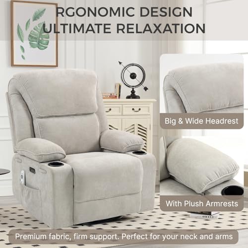 Recliner Chair Power Control, Nursery Reclining & Rocking Chair and Glider, Massage Swivel Living Room Furniture for Small Spaces, Bedroom, RVS, Lounge Sofa Chairs with USB & Type C Ports, Light Gray