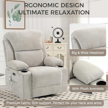 Recliner Chair Power Control, Nursery Reclining & Rocking Chair and Glider, Massage Swivel Living Room Furniture for Small Spaces, Bedroom, RVS, Lounge Sofa Chairs with USB & Type C Ports, Light Gray BRTHORY