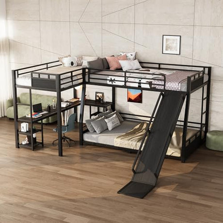 MERITLINE Full Over Full(XL) L-Shaped Metal Bunk Bed with Desk and Slide, Heavy Duty Triple Bunk Bed with Storage Shelves, L-Shaped Bunk Bed for Teens Adults, Space Saving and Quiet Design, Black MERITLINE
