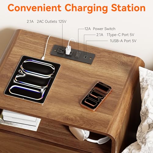 23.8" Modern Nightstand with Hidden Drawers Walnut Night Stand with Charger Station Mid Century Bedside Table Curved Wood Side Table for Bedroom Dorm Oransail