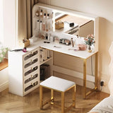 DWVO Vanity Desk with LED Lighted Mirror and 3 Lighting Modes, L-Shaped Corner Vanity Table, 48" Large Dressing Table with 5 Tempered Glass Drawers with Open Storage Shelves, White DWVO
