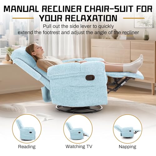 Korser Recliner Chair, Swivel Rocker Recliner Chair for Adults, Small Recliners for Small Spaces, Manual Recliner with Side Pockets, Upholstered Nursery Rocking Chair for Living Room, Chenille, Blue