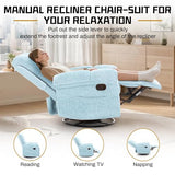 Korser Recliner Chair, Swivel Rocker Recliner Chair for Adults, Small Recliners for Small Spaces, Manual Recliner with Side Pockets, Upholstered Nursery Rocking Chair for Living Room, Chenille, Blue