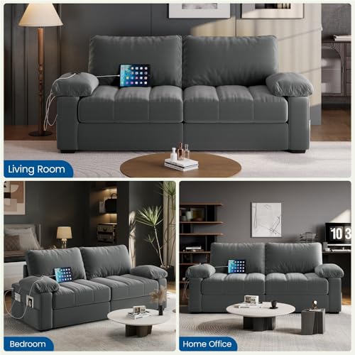 Yaheetech 79" Velvet Couch, Comfy Sofa with Pocket Coils, Deep Seat, Storage Pockets and USB Ports, 2 Seater Modern Loveseat Sofas with Removable Cover, Pillow Top Arms for Living Room Apartment Gray Yaheetech