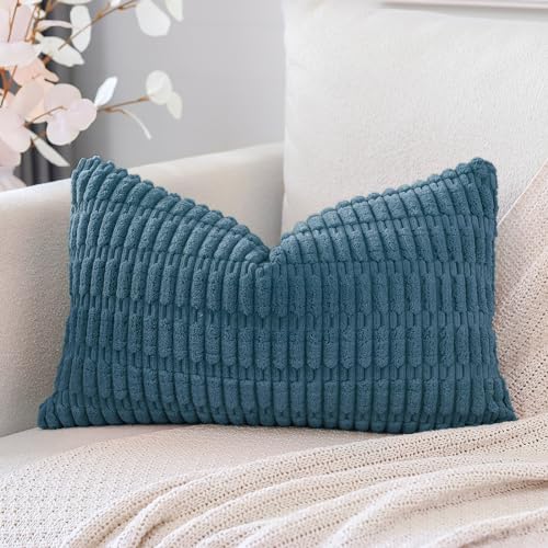 OTOSTAR Corduroy Decorative Throw Pillow Covers 16x24 Inch Super Soft Boho Striped Rectangle Pillow Covers Case Modern Cushion Covers for Sofa Couch Bedroom Car Decor Teal OTOSTAR