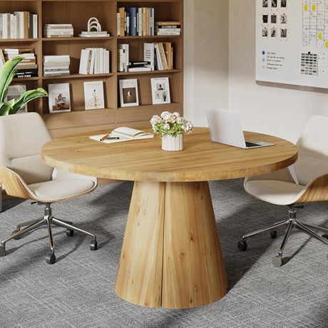 TRIBEWOOD 47.24" Solid Wood Conference Table, Rustic Round Meeting Table with Wooden Pedestal Base for 4-6 People, Small Seminar Table for Break Room, Office, Office Desk, Easy Assembly TRIBEWOOD