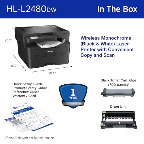 Brother HL-L2480DW Wireless Compact Mobile Monochrome Multi-Function Laser Printer with Copy, Scan, Duplex, Black & White Output | Includes Refresh Subscription Trial(1), (Renewed Premium)