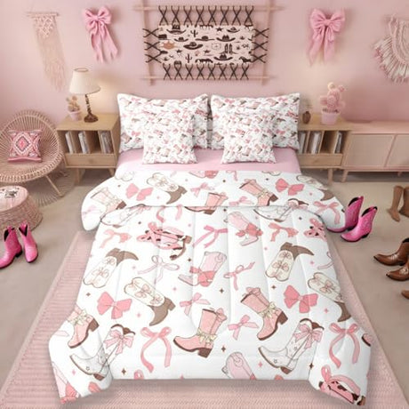 Pink Bow Comforter Set With Sheets Full Size,Kids Boys Girls Cute Bow Knot 7 Piece Bedding Set for Western Cowgirls Bed In A Bag,Dreamy Pink Sheet Set With Fitted Sheet,Pillowcases & Pillow Covers Erosebridal