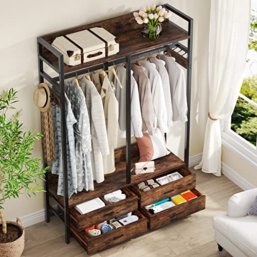 Tribesigns Freestanding Closet Organizer for Hanging Clothes, Heavy Duty Garment Rack with 4 Drawers, 8 Hooks and Storage Shelves, Wardrobe Closet Clothing Rack for Bedroom, Living Room, Rustic Brown Tribesigns