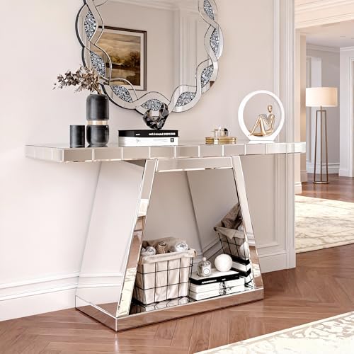 Goujxcy 2 Piece Silver Mirrored Console Table and Round Wall Mirror Set, 55.9" Rectangle Luxury Mirrored Entryway Sofa Table and 31.5" Crush Diamond Wall Mirror Set for Living Room Hallway Entrance Goujxcy