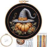 FONNUY Pumpkin Embroidery Kit for Beginners, Pre-Stamped Pattern Kits for Adults with Hoop, Easy to Follow Color Thread Needlework, 8'' Hoop (Witch Hat 1)